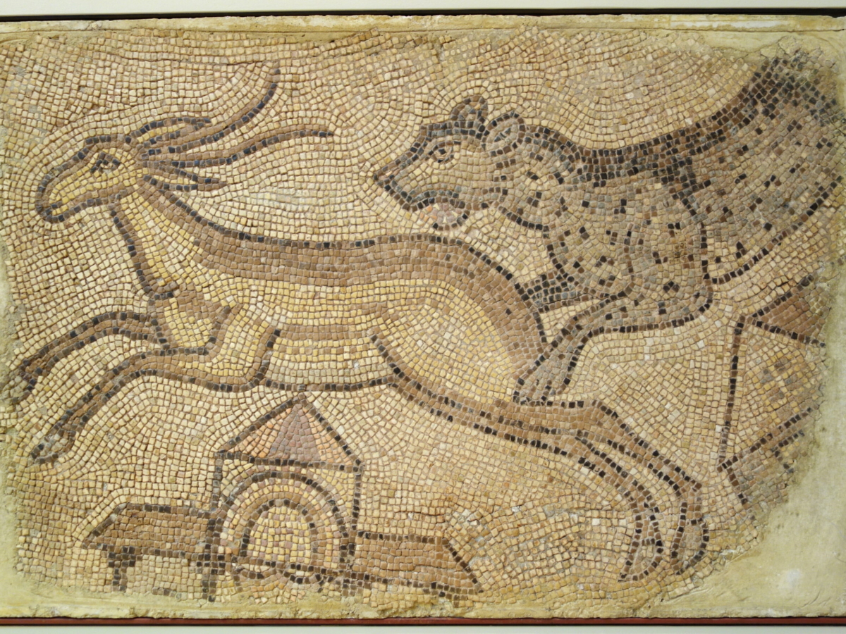 Mosaic_of_Leopard_Chasing_a_Gazelle,_Roman,_Homs,_Syria,_450-462_AD,_polychrome_marble_tesserae_-_Chazen_Museum_of_Art_-_DSC01919